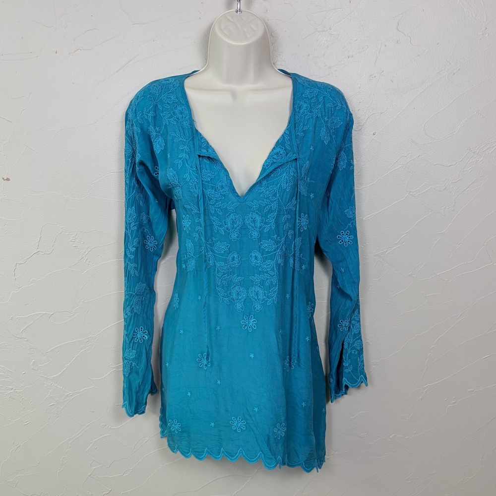 New Johnny Was Peasant Tunic Top Small Blue Embroidered Scalloped Hem Boho